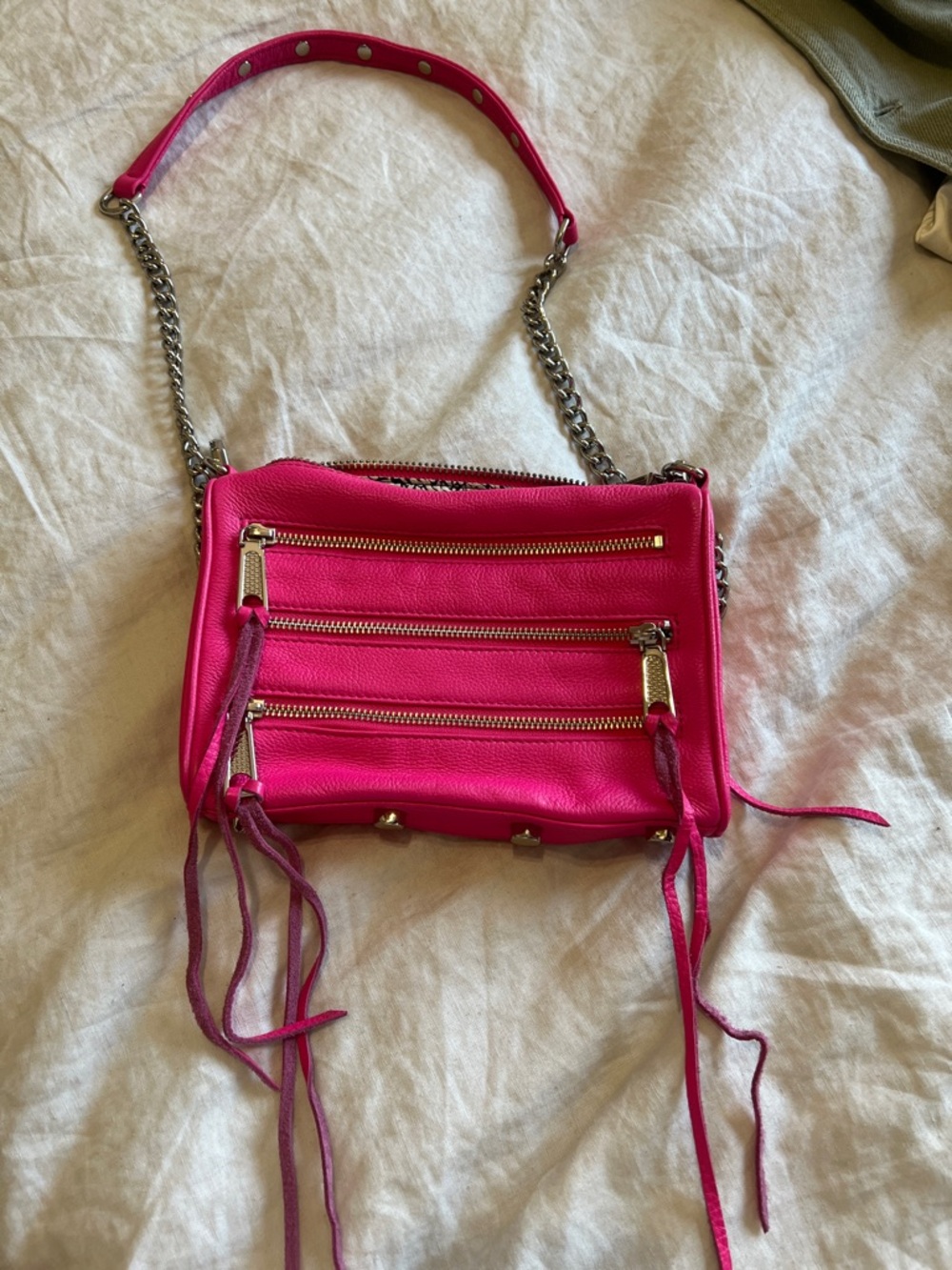 Rebecca Minkoff Hot Pink Leather Crossbody with Silver hardware and fringe